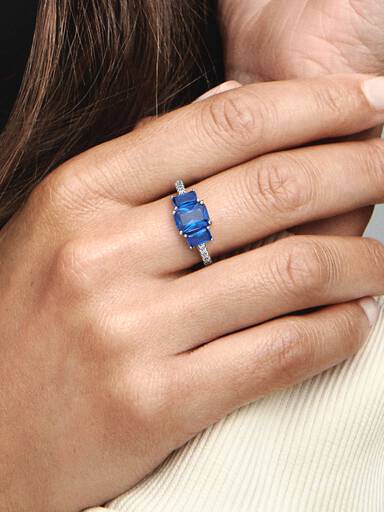FINAL SALE - Blue Rectangular Three Stone Sparkling Ring