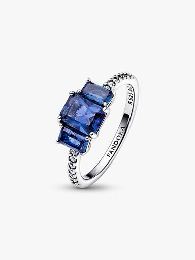 FINAL SALE - Blue Rectangular Three Stone Sparkling Ring - Image 5