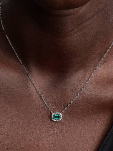 Rectangular Sparkling Green Halo Pendant Necklace