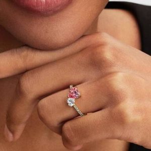 Double Heart Pink & Clear Sparkling Ring