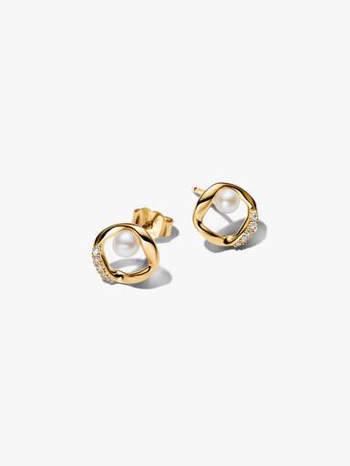 Organically Shaped Pavé Circle & Treated Freshwater Cultured Pearl Stud Earrings - Image 2