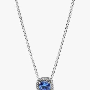 Sparkling Square Blue Halo Pendant Necklace