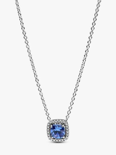 Sparkling Square Blue Halo Pendant Necklace