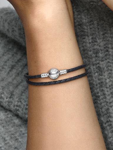 Pandora Moments Double Black Leather Bracelet