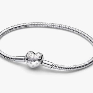 Pandora Sterling Silver Lab-grown Diamond Heart Clasp Snake Chain Bracelet