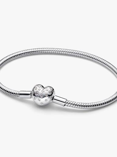Pandora Sterling Silver Lab-grown Diamond Heart Clasp Snake Chain Bracelet