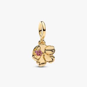 Hibiscus Flower & Engravable Round Tag Double Dangle Charm