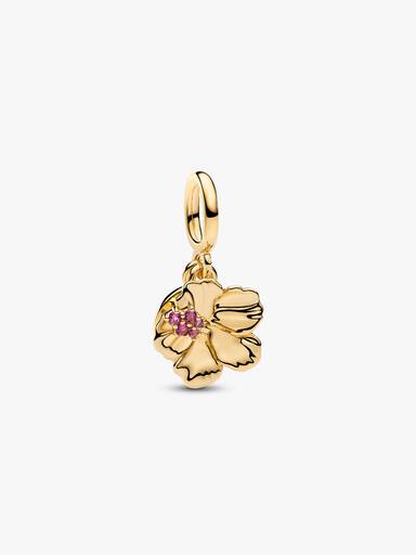 Hibiscus Flower & Engravable Round Tag Double Dangle Charm