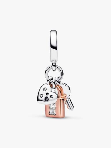 Two-tone Key, Padlock & Heart Triple Dangle Charm - Image 4