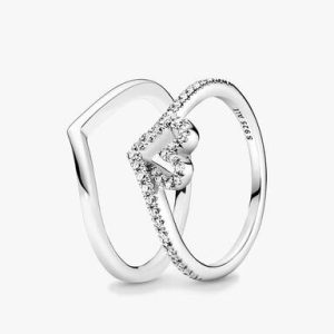 Sparkling Wishbone Heart Ring Set