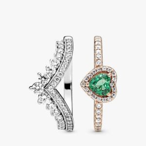 Green Heart Princess Wishbone Stacking Ring Set
