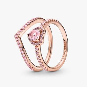 Sparkling Pink Heart Wishbone Ring Set
