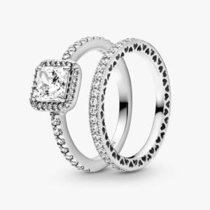 True Elegance Square Halo Ring Set