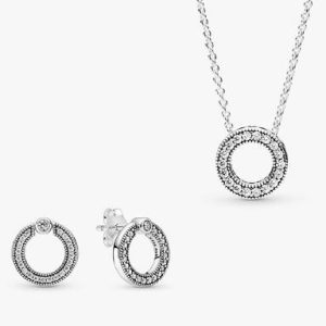 Pavé and Logo Circle Necklace and Earring Set