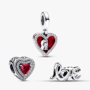 Sparkling Red Heart Dangle Charm Trio