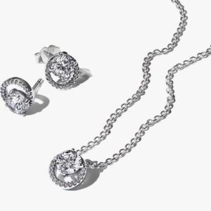 Sparkling Round Halo Necklace and Earring Set