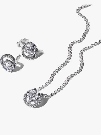 Sparkling Round Halo Necklace and Earring Set