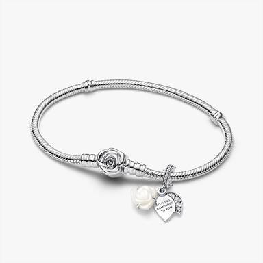 White Rose in Bloom Double Dangle Charm Bracelet Set