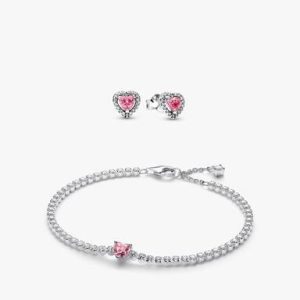 Pink Sparkling Heart Bracelet and Earring Set