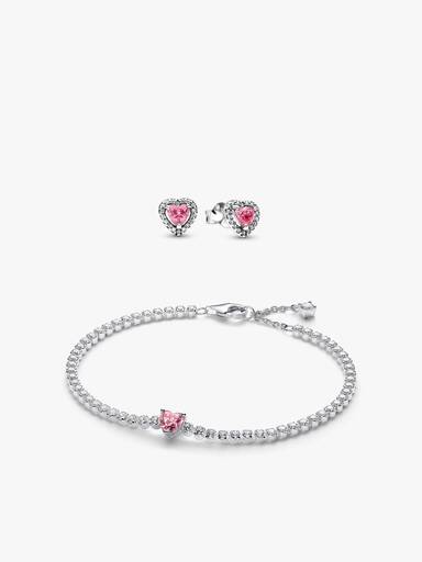 Pink Sparkling Heart Bracelet and Earring Set