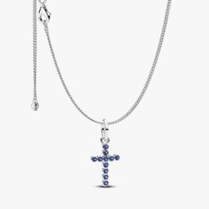 Blue Round Bezel Cross Necklace set