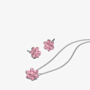 Sparkling Silver Pink Flower Necklace & Earrings Set