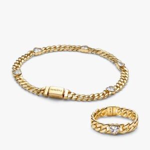 Gold Plated Heart Cuban Chain Bracelet & Ring Set