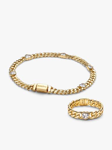 Gold Plated Heart Cuban Chain Bracelet & Ring Set