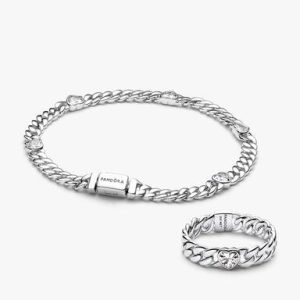 Silver Heart Cuban Chain Bracelet & Ring Set