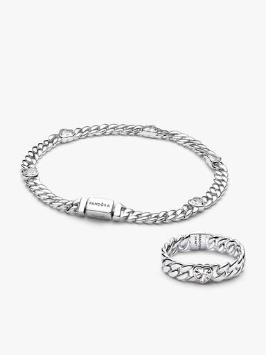 Silver Heart Cuban Chain Bracelet & Ring Set