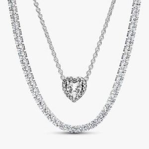 Tennis Choker & Heart Necklace Layering Set