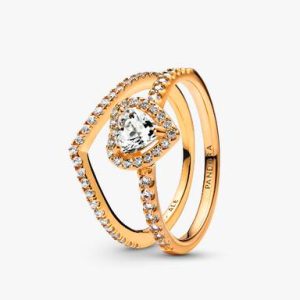 Playful Love Golden Elevated Heart Wishbone Ring Set