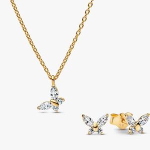 Gold-plated Sparkling Clear Butterfly Necklace and Earring Set