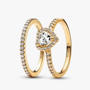 Playful Love Golden Elevated Heart Sparkling Band Ring Set