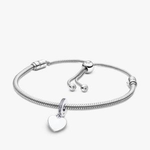 Engravable Heart Tag Dangle Charm Snake Chain Slider Bracelet Set