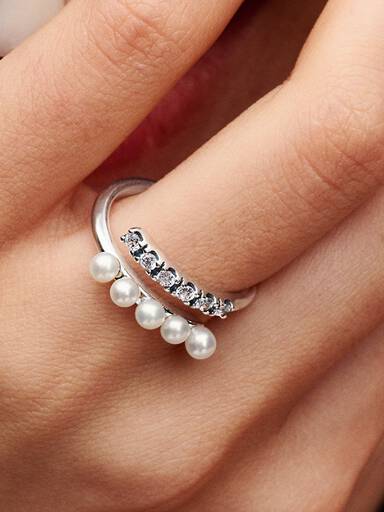 Treated Freshwater Cultured Pearls & Pavé Open Ring