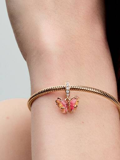 Pink & Yellow Murano Glass Butterfly Dangle Charm