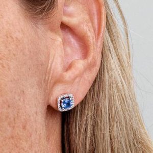 Sparkling Square Blue Halo Stud Earrings